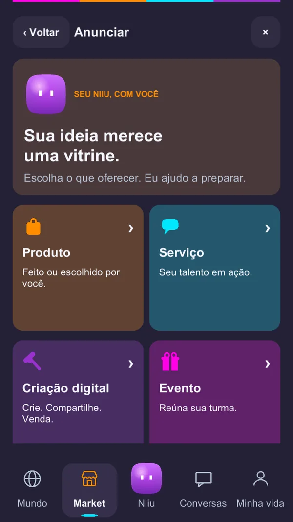 Tela Anunciar com as opções Produto, Serviço, Criação digital e Evento