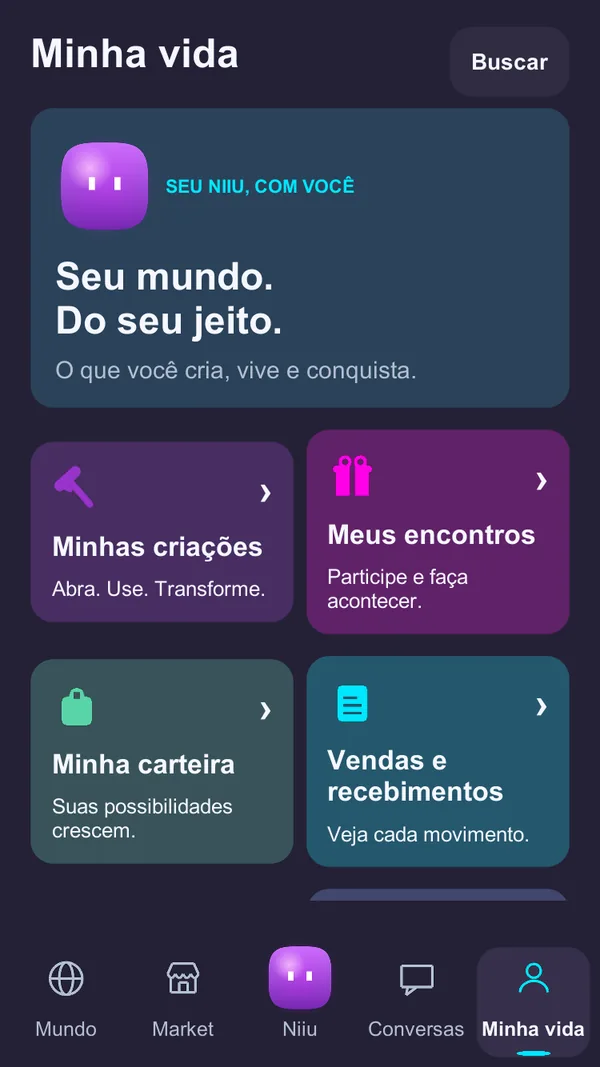 Tela Minha vida com criações, encontros, carteira e vendas