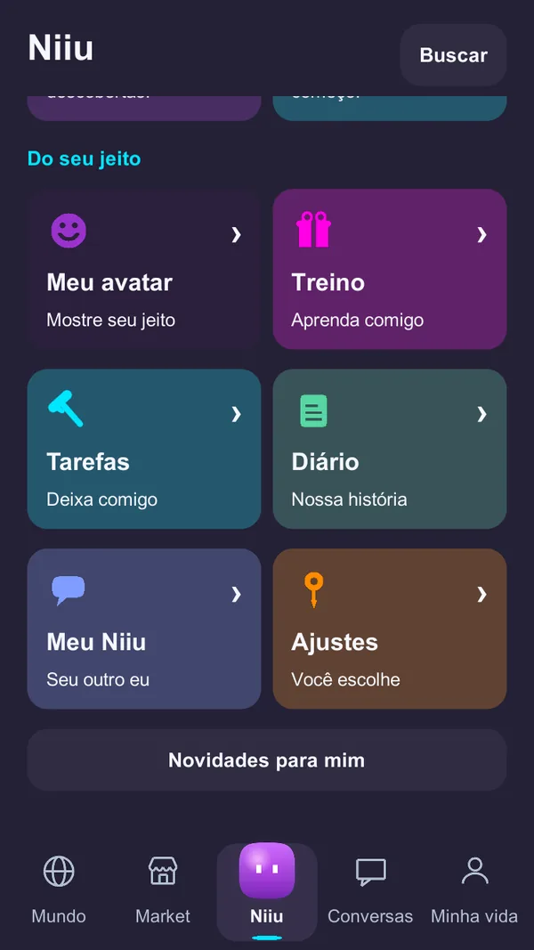 Tela Niiu com os atalhos Meu avatar, Treino, Tarefas, Diário, Meu Niiu e Ajustes