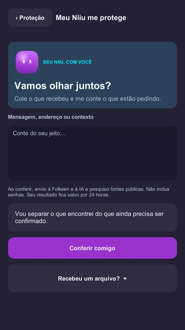 Tela Meu Niiu me protege com o botão Conferir comigo