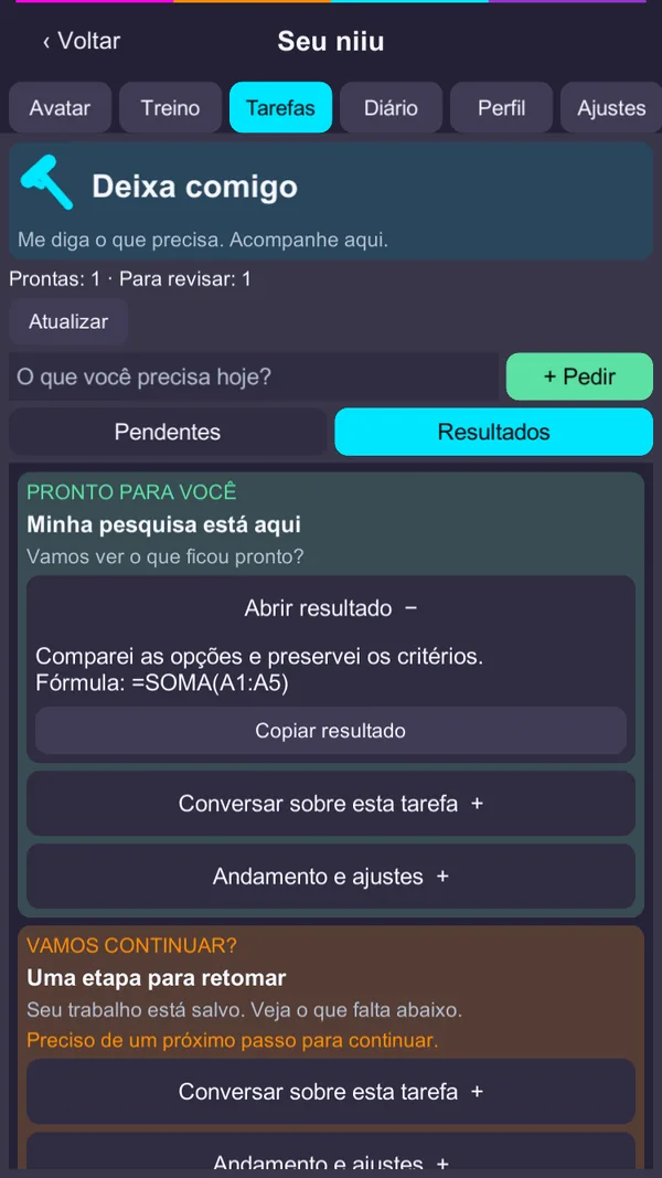 Tela Deixa comigo com uma pesquisa pronta nos resultados